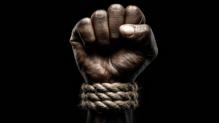 A powerful clenched fist is shown tied with rope, symbolizing struggle and resistance.の素材