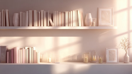 Gentle sunlight casts warm rays on a minimalist bookshelf filled with soft-colored books and decorated with candles, creating a tranquil atmosphere.の素材