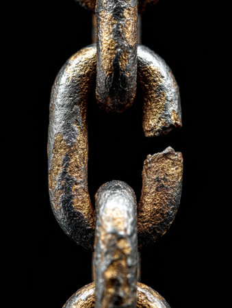 Examination of a damaged metal chain link highlighting texture and wear, illustrating age and potential weakness in a close-up view.の素材