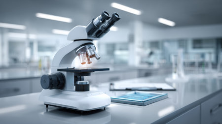 A laboratory microscope sits on a clean table in a well-lit research facility filled with scientific equipment and glassware, enhancing research capabilities.の素材