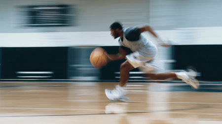 Athlete runs swiftly on the basketball court, dribbling a ball during an evening training session, highlighting skill and dedication to the sportの素材