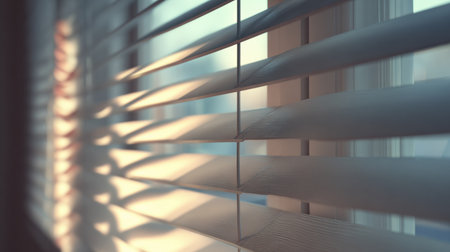 Soft morning light streams through closed blinds, casting gentle shadows across a tranquil indoor area at dawn, evoking a peaceful atmosphere.の素材