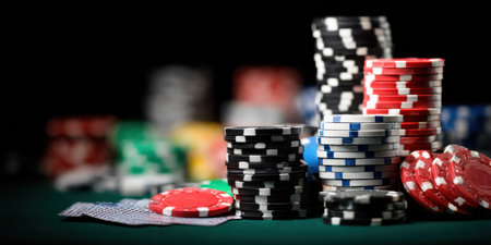 Stacked layers of red, black, and blue poker chips create a vibrant display on a green felt table, showcasing excitement and strategy of a card game.の素材