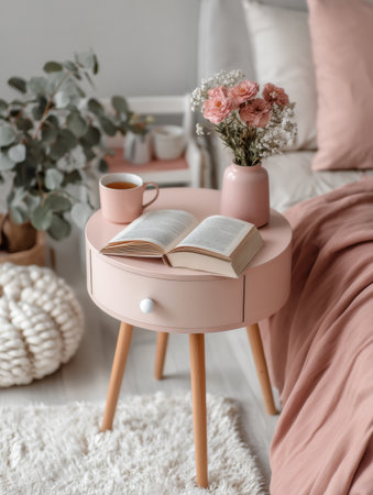 A round pink table holds a book, flowers in a vase, and a cup of coffee, contributing to a warm and inviting atmosphere in a stylish bedroom.の素材