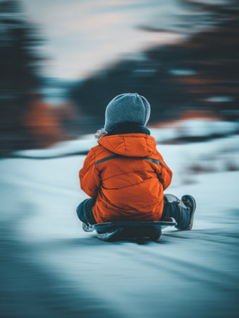 A child sleds down a snow-covered hill wearing a cozy orange jacket, creating a joyful moment during wintertime play in a serene outdoor setting.の素材