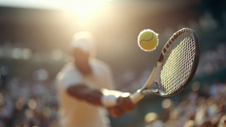 A tennis player swings a racket to hit a ball in an outdoor tournament while spectators watch attentively in the background under the sun.の素材