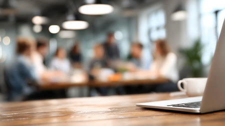 A group of professionals collaborates on business strategies around a large table in a contemporary office environment, efficient laptops and documents.の素材