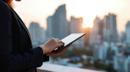 A business professional interacts with a tablet on a rooftop during sunset, with a stunning city skyline in the background.の素材