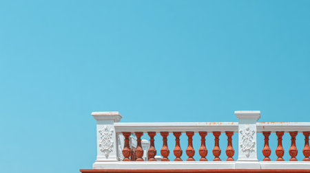 Ornate white balcony railing showcases intricate details against a bright blue sky, emphasizing a tranquil and sunny atmosphere in a lively location.の素材