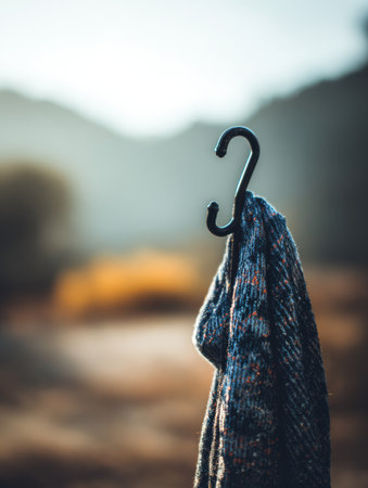 A colorful scarf hangs on a black hook, with a scenic blur of mountains and sunset colors in the background, creating a serene and artistic feel.の素材