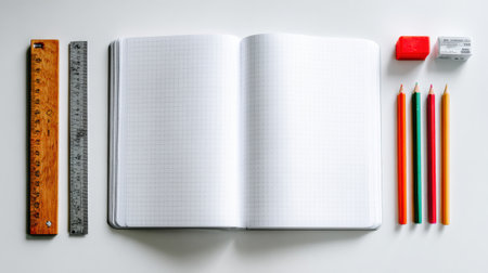 Blank notebook lies open alongside a wooden ruler, colorful pencils, and an eraser, creating a setting for creative learning or brainstorming activities.の素材