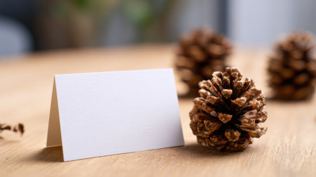 A blank card rests beside a pine cone on a wooden surface, creating an inviting and creative atmosphere ideal for personalized messages or decor.の素材