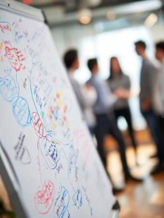 A group of professionals engages in a collaborative brainstorming session, surrounded by colorful notes on a whiteboard, highlighting creative ideas.の素材