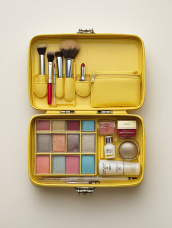 Open yellow cosmetic case displays a variety of makeup products and brushes, showcasing vibrant eyeshadow colors and skincare essentials for beauty lovers.の素材
