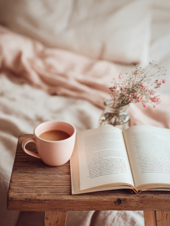 A warm cup of coffee rests beside an open book on a wooden table, accompanied by a vase of dried flowers in a cozy bedroom with soft bedding.の素材