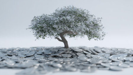 A small tree rises from a pile of shiny silver coins, symbolizing wealth and prosperity in a simple and elegant arrangement.の素材