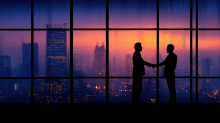 Two businessmen engage in a handshake while silhouetted against a vibrant sunset, showcasing the lively city skyline behind them.の素材