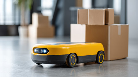 A small yellow robotic vehicle is delivering packages in a sleek indoor environment, surrounded by cardboard boxes and bright lighting.の素材