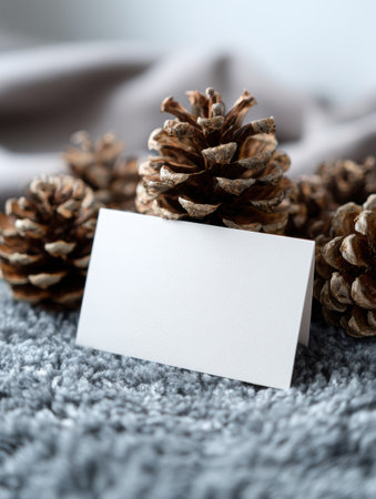Pine cones are creatively placed around a blank card resting on a soft gray surface, creating a warm and inviting feel perfect for fall decor.の素材