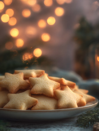 Star-shaped cookies sit on a plate, surrounded by warm holiday lights, creating a cozy atmosphere perfect for festive gatherings in winter.の素材
