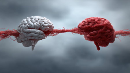 Two distinct brains, one crimson and one white, are interconnected by a vibrant string, symbolizing the relationship between creativity and logic in thought.の素材