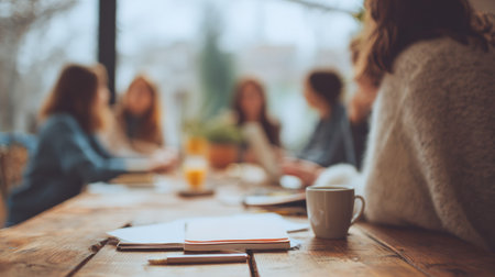 A group of friends gathers around a wooden table, sharing ideas and enjoying drinks at a warm and inviting cafe on a sunny afternoon.の素材