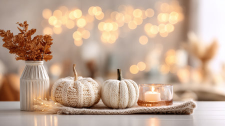 Softly lit autumn setting features white pumpkins, a candle, and dried flowers in a cozy arrangement, evoking a warm atmosphere for the season.の素材