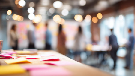 Colorful sticky notes cover a table in a modern workspace where blurred participants engage in a collaborative brainstorming session during daylight.の素材