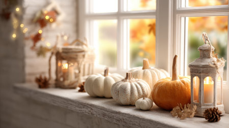 A warm display of pumpkins and lanterns is arranged on a windowsill, framed by vibrant autumn leaves and soft lighting, creating a welcoming atmosphere.の素材