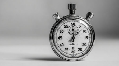 A classic vintage stopwatch sits against a plain background, showing its intricate design and the passage of time with clear markings.の素材
