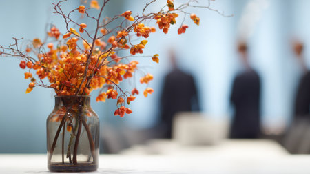 A vase with orange berry branches brightens a modern office where people in suits discuss business.の素材
