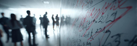 A team meets in a bright office, brainstorming ideas with handwritten notes and sketches on a whiteboard.の素材