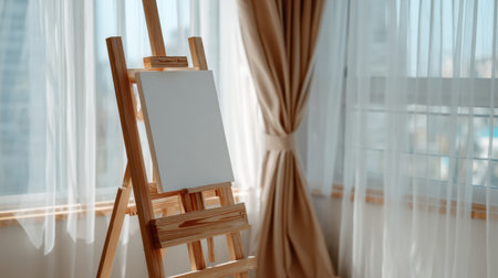 A wooden easel holds a blank canvas in a well-lit room with large windows, draped with flowing curtains, creating an inviting atmosphere for creativity.の素材