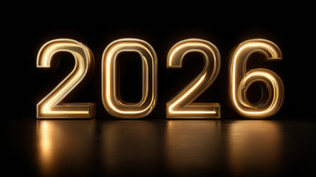 The year 2026 is showcased in luminous gold figures against a black background, reflecting light and casting soft shadows on the surface.の素材