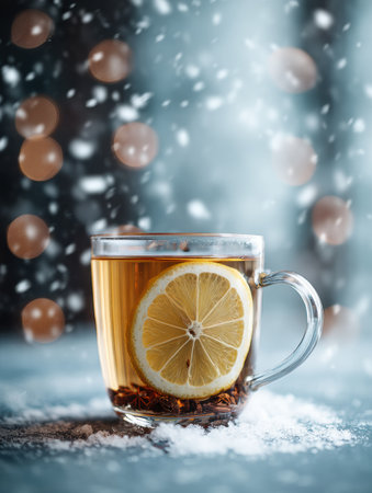 A glass mug filled with warm tea features a fresh lemon slice resting on the edge. Soft snowflakes float in the air, enhancing a cozy winter vibe.の素材