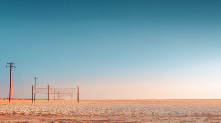 A volleyball court and utility poles stand in a vast desert under a blue sky, highlighting serene natural beauty in the evening light.の素材