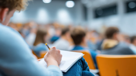 Focused individual writes notes in a notebook while seated among peers in a large university lecture hall during an educational sessionの素材