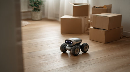 A small robot navigates a well-lit room surrounded by cardboard boxes, showing its design and movement capabilities in a domestic setting.の素材