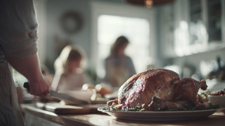 Family members prepare to enjoy a delicious meal together, centered around a perfectly cooked turkey on a wooden table, creating a joyful atmosphere.の素材