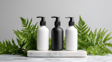 Three sleek bottles in white and black are displayed on a marble slab, surrounded by lush green ferns, enhancing the tranquil bathroom decor.の素材