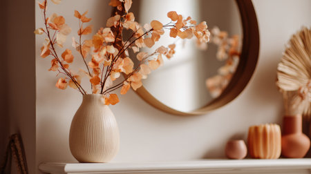 A stylish arrangement of dried flowers in a simple vase sits on a shelf next to a round mirror, enhancing the cozy interior design.の素材