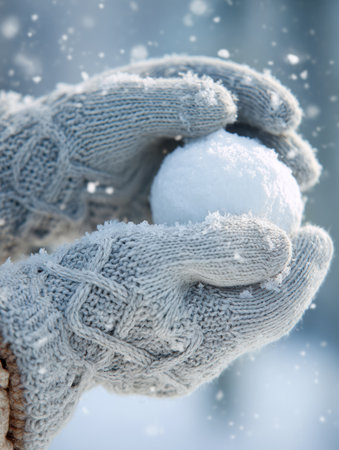Frosty hands in knitted gloves cradle a perfectly formed snowball while snowflakes gently fall around, capturing the magic of winter outdoor funの素材