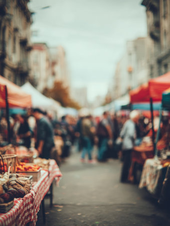 Visitors stroll through a lively outdoor market filled with stalls offering fresh fruits, vegetables, and artisan products on a cool, overcast day.の素材