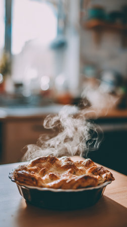 A steaming pie rests on a wooden table in a bright kitchen, showing its golden crust and inviting aroma on a sunny day.の素材