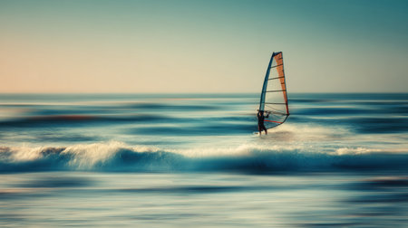 A windsailor skillfully maneuvers on the ocean, catching the wind in their colorful sail as waves crash during a tranquil sunset.の素材