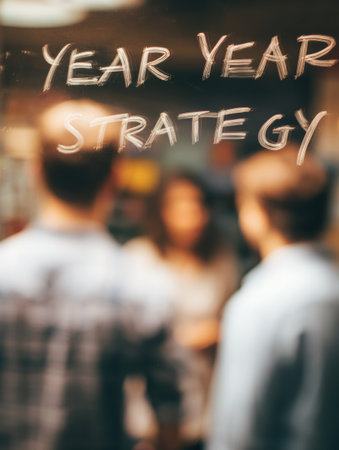 Team members engage in a discussion about yearly strategy planning in a modern office setting, focusing on ideas and collaboration.の素材