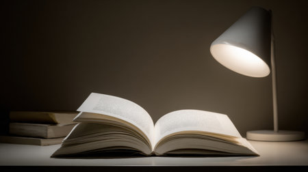 Soft light casts a warm glow on an open book, creating a peaceful reading atmosphere in a study filled with stacked volumes and quiet charm.の素材