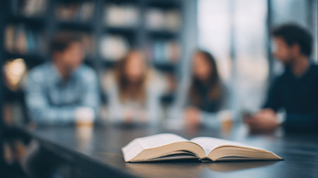 Group of friends gathers in a warm ambiance, sharing ideas and insights while discussing literature with an open book displayed prominently.の素材