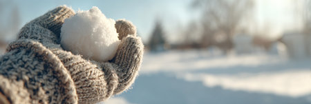 A person in warm gloves enjoys the winter weather while holding a snowball against a backdrop of glistening snow and clear skies during daylight.の素材