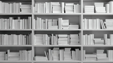 Bookshelves display a large collection of white books, showing a variety of sizes and shapes. The arrangement reflects a minimalist design approach.の素材